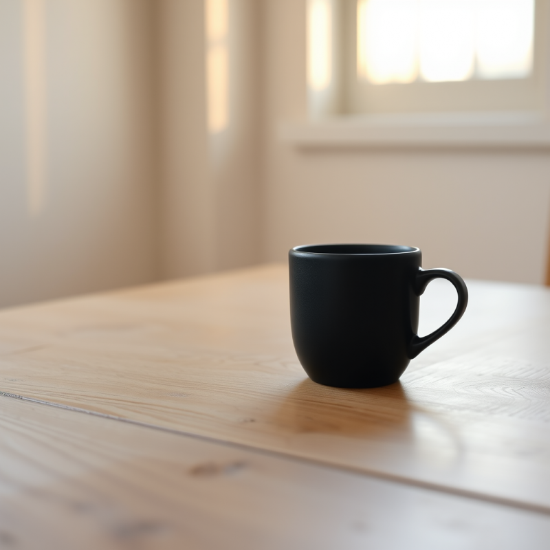 Single Matte Black Ceramic Coffee Cup Resting on a Worn...