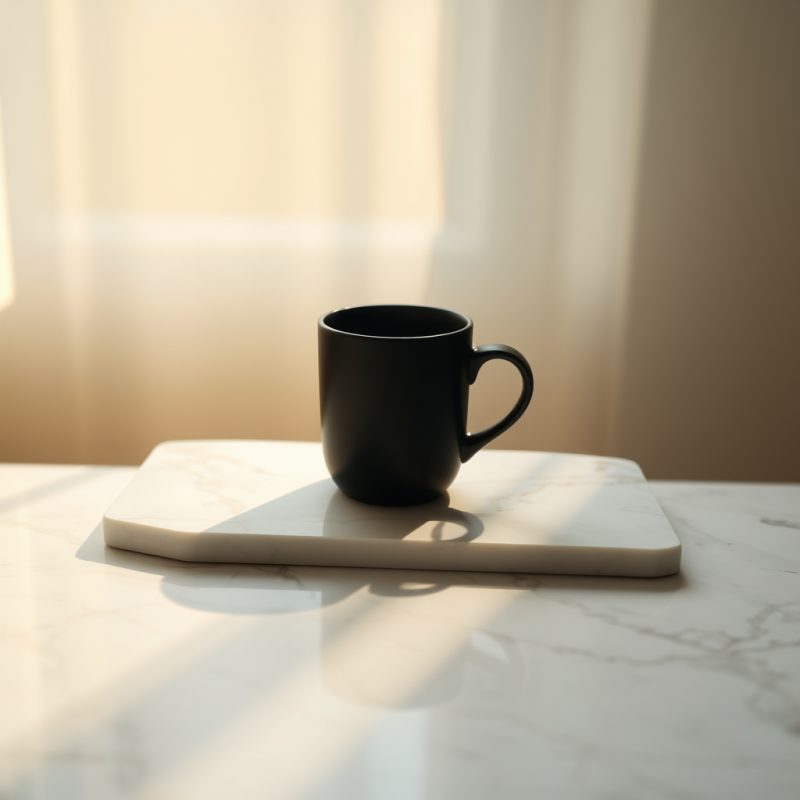 Single Matte Black Ceramic Coffee Cup Rests Centered On...