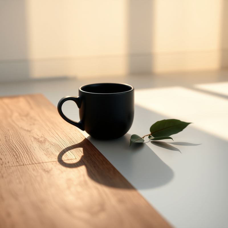 Single Matte Black Ceramic Coffee Cup Rests on a Weathe...