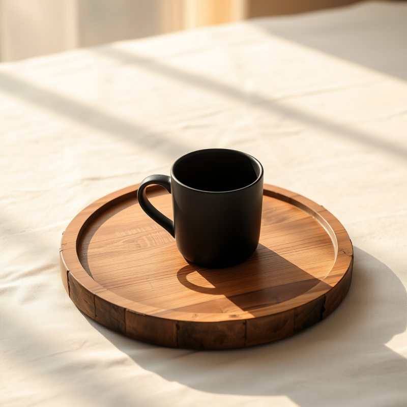 Single Matte Black Ceramic Mug Rests Centered on a Drif...