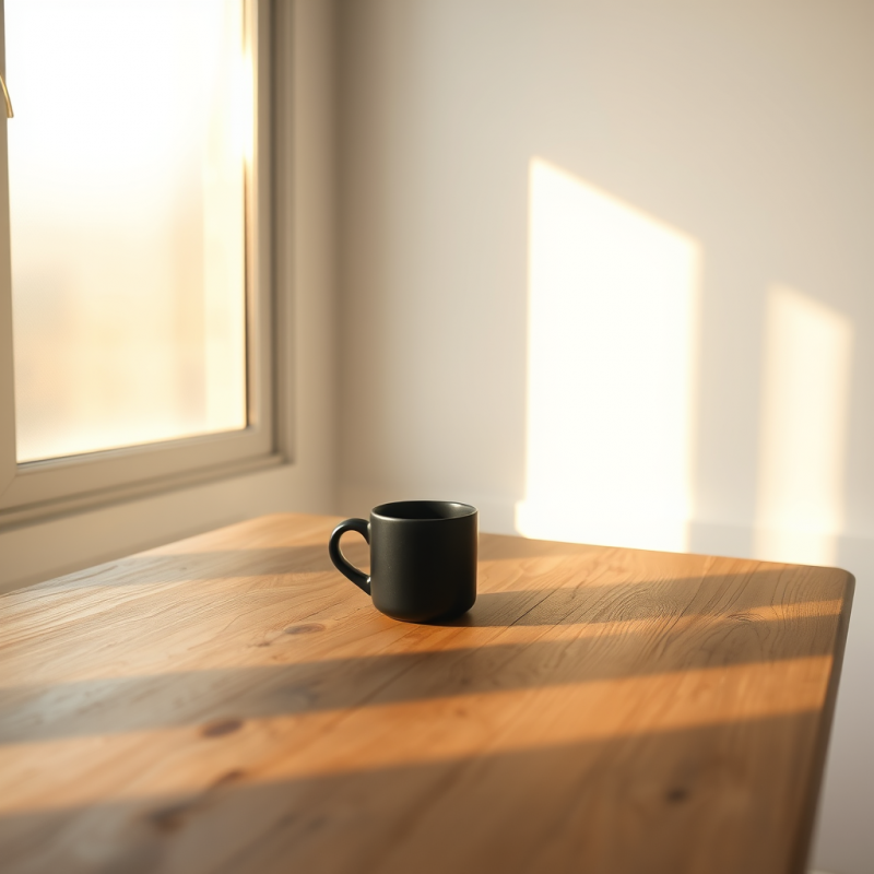 Single Matte Black Ceramic Mug Rests Centered on a Weat...