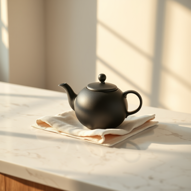 Single Matte Black Ceramic Teapot Resting on a Pale Lin...