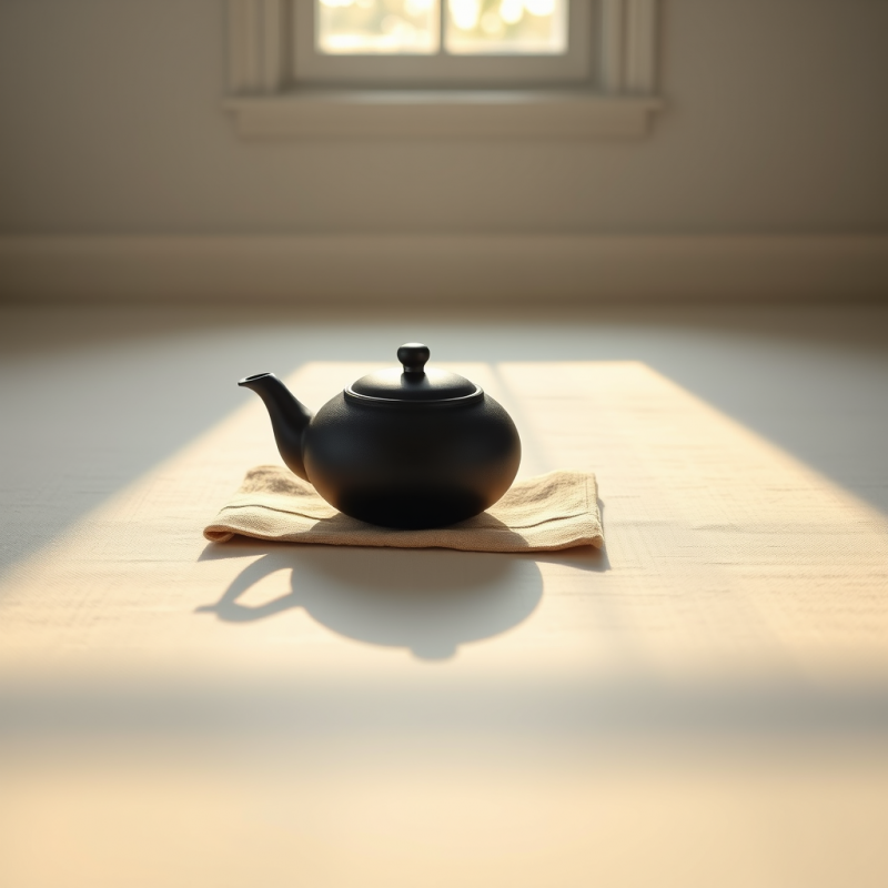 Single Matte Black Ceramic Teapot Rests on a Textured B...