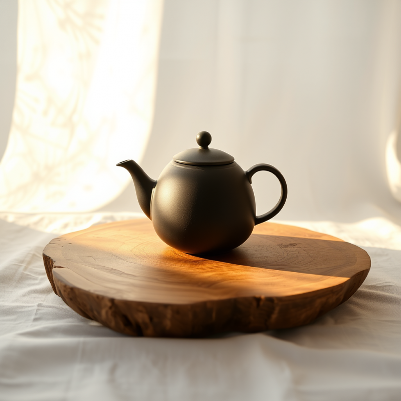Single Matte Black Ceramic Teapot Sits Centered on a Se...