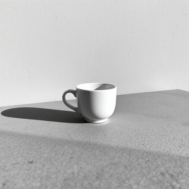 Single Matte White Ceramic Teacup Resting on a Sunlit