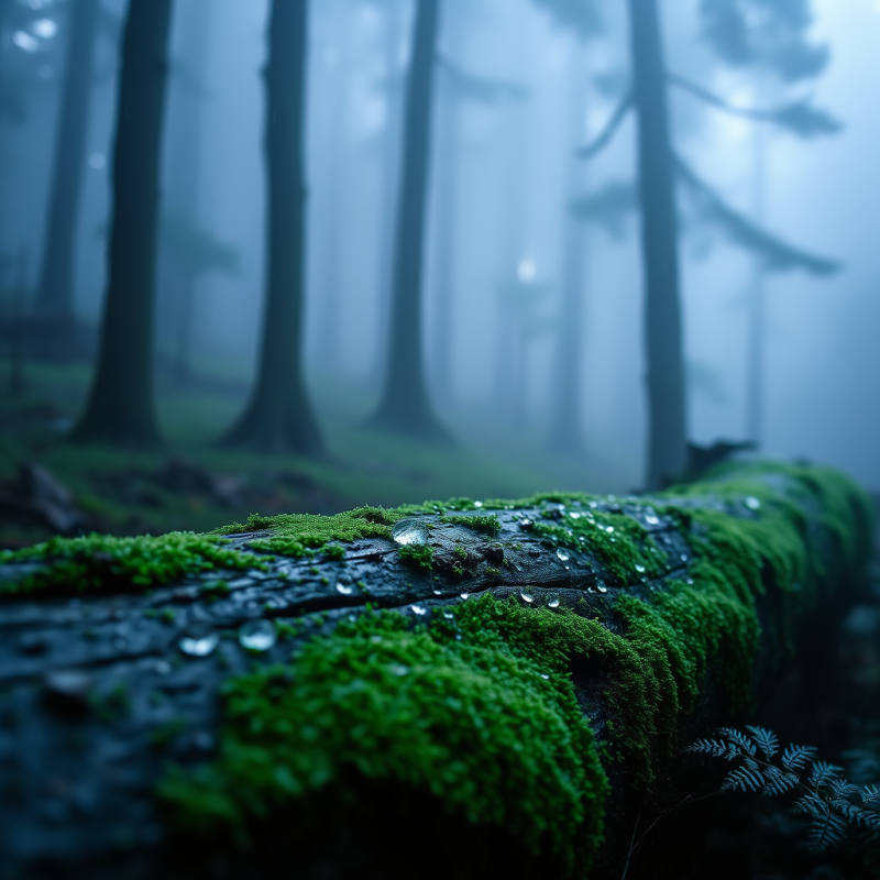 Single Moss-covered Fallen Log in a Misty