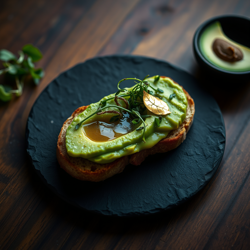 Single Perfect Avocado Toast on a Matte Black Slate Plate