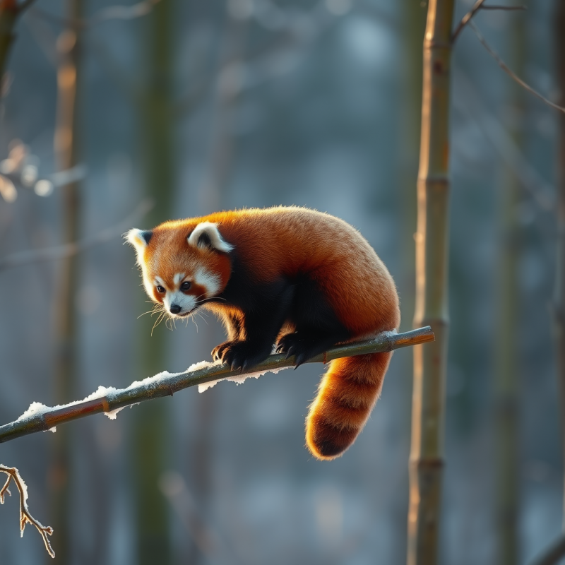 Single Red Panda Perched Precariously on a Frost-kissed...