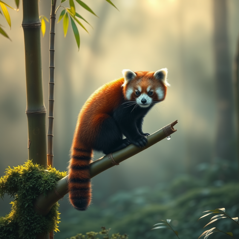 Single Red Panda Perched Precariously on a Mist-shroude...