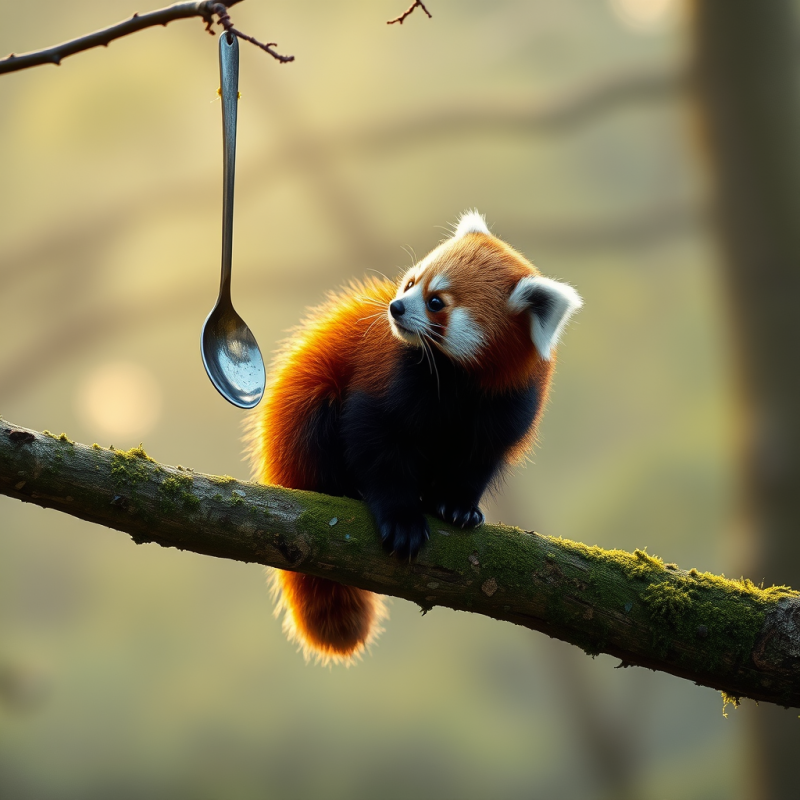 Single Red Panda Perched Sideways on a Mossy