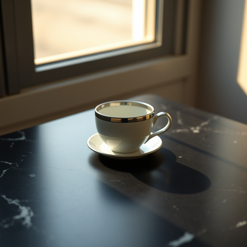 Single Silver-rimmed Coffee Cup Rests Center-frame on A...