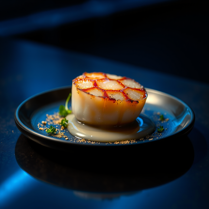 Single Slice of Seared Scallop on a Matte Black Ceramic...