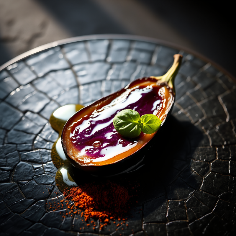 Single Slice of Vibrant Purple Eggplant Glazed in Shimm...