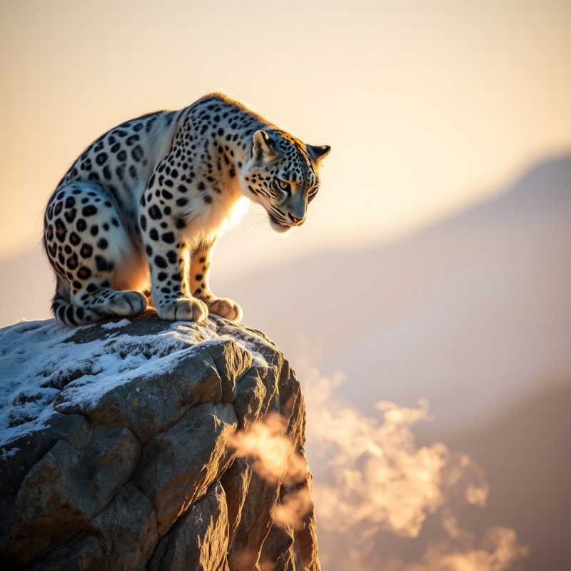 Single Snow Leopard Crouched Atop a Frost-dusted Cliff ...