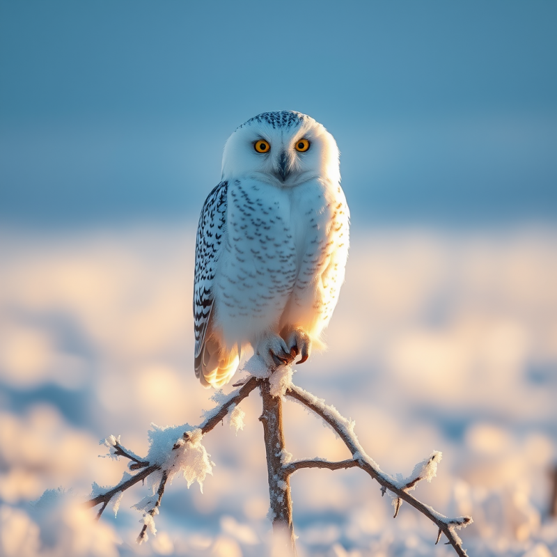 Single Snowy Owl Perched Atop a Frost-crusted Branch In...