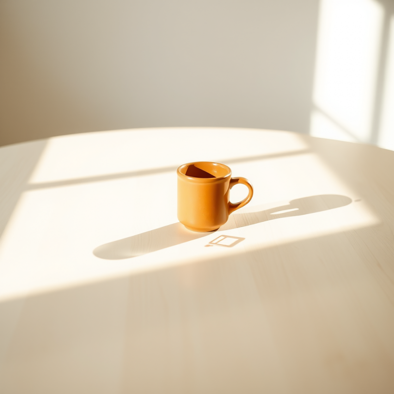 Single Terracotta Mug Sits Centered on a Pale Oak Table