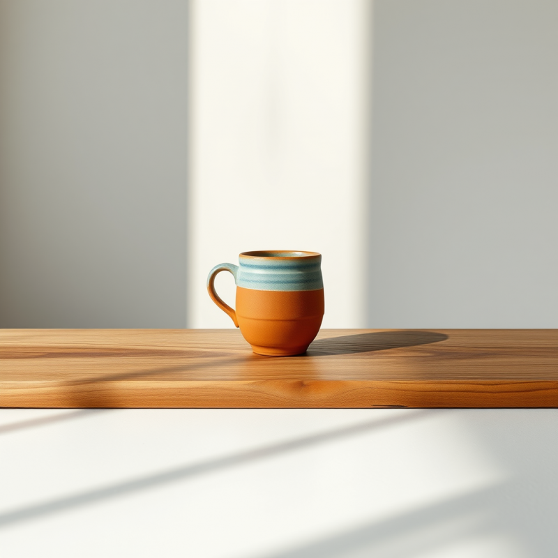 Single Terracotta Mug with a Faint Blue Glaze Sits Cent...