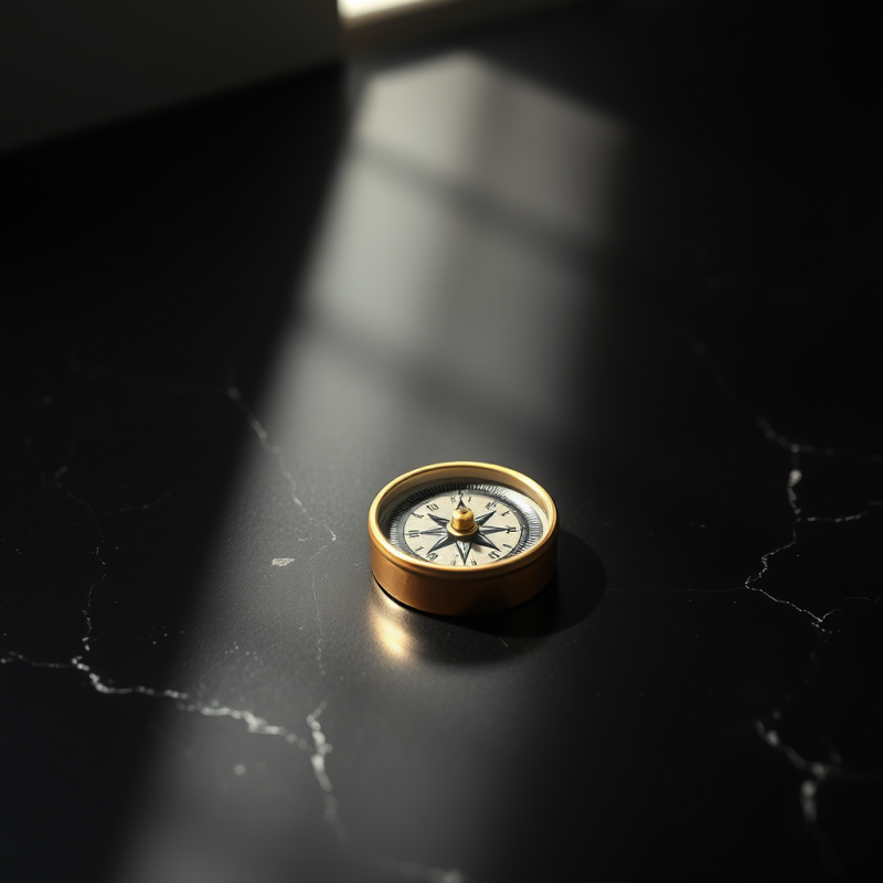 Single Vintage Brass Compass Rests on a Matte Black Mar...