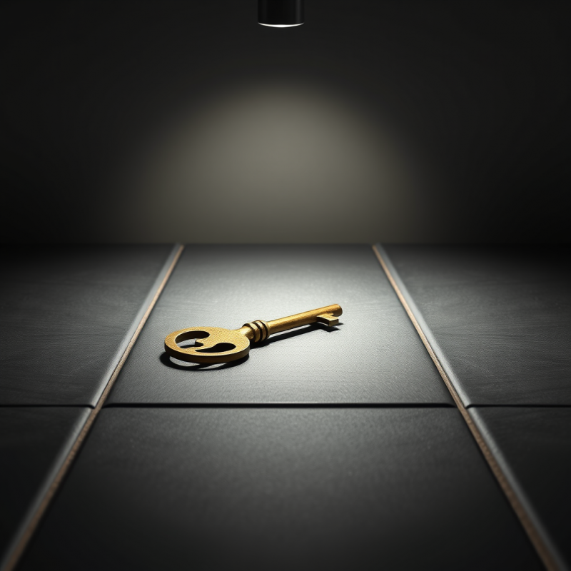 Single Vintage Brass Key Rests on a Matte Black Ceramic...