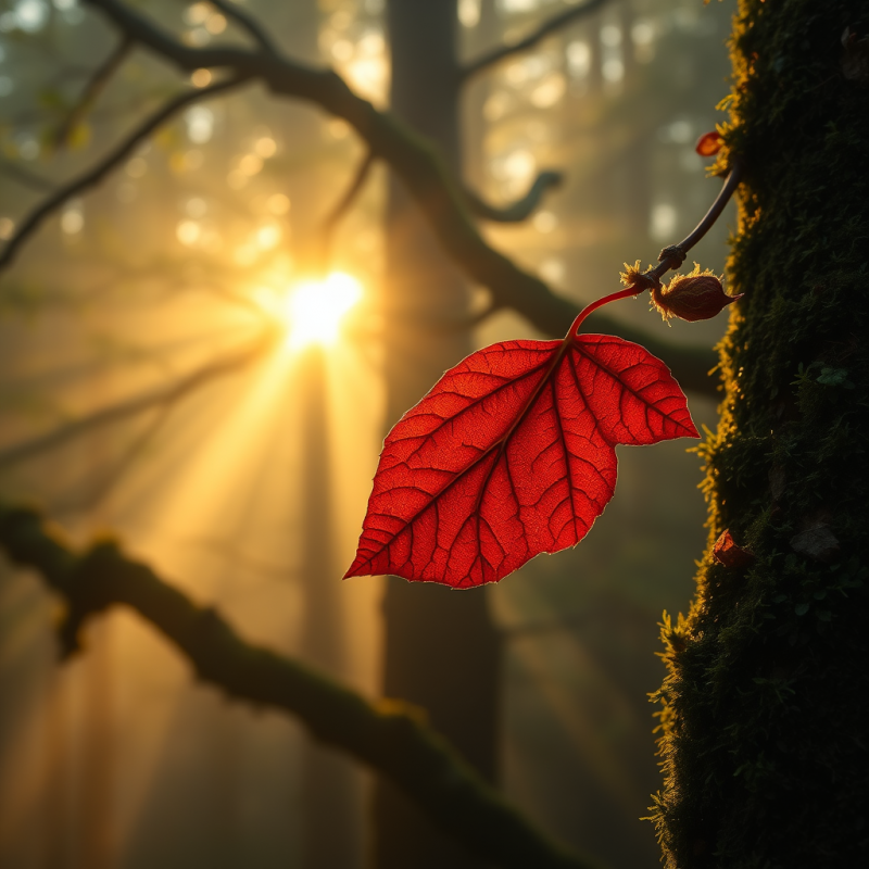 Single Vivid Red Leaf Glows Against a Misty Forest