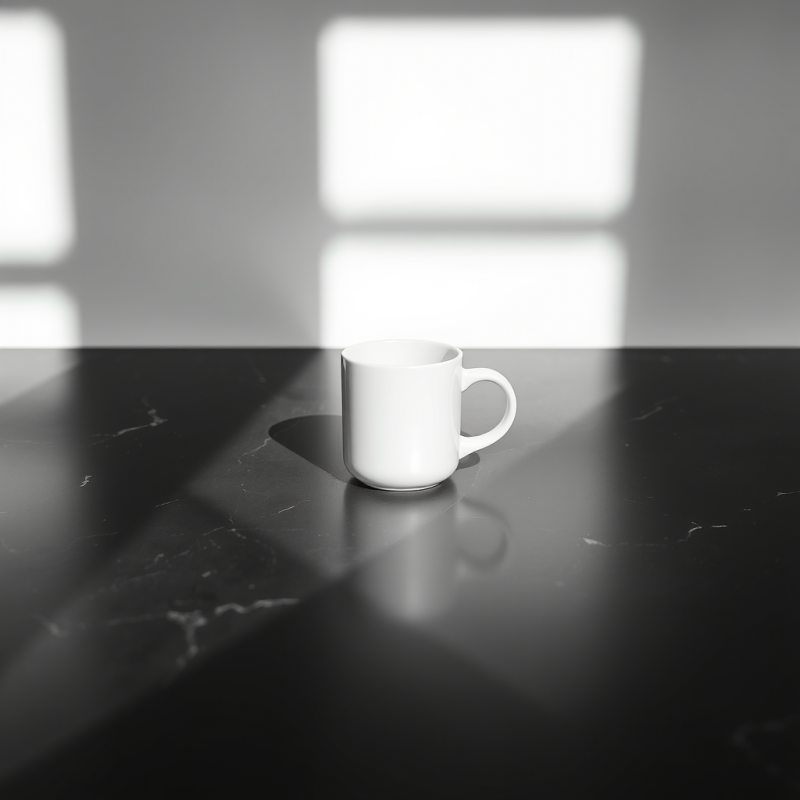 Single White Ceramic Mug Sits Centered on a Matte Black...