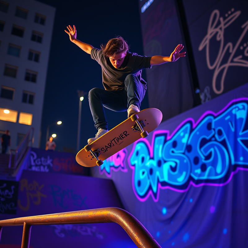 Skateboarder Mid-air Above a Neon-lit Urban Skatepark A...