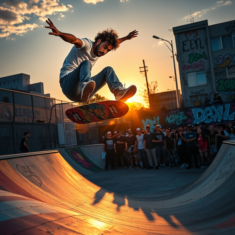 Skateboarder Mid-air Performing a Kickflip Over a Rainb...