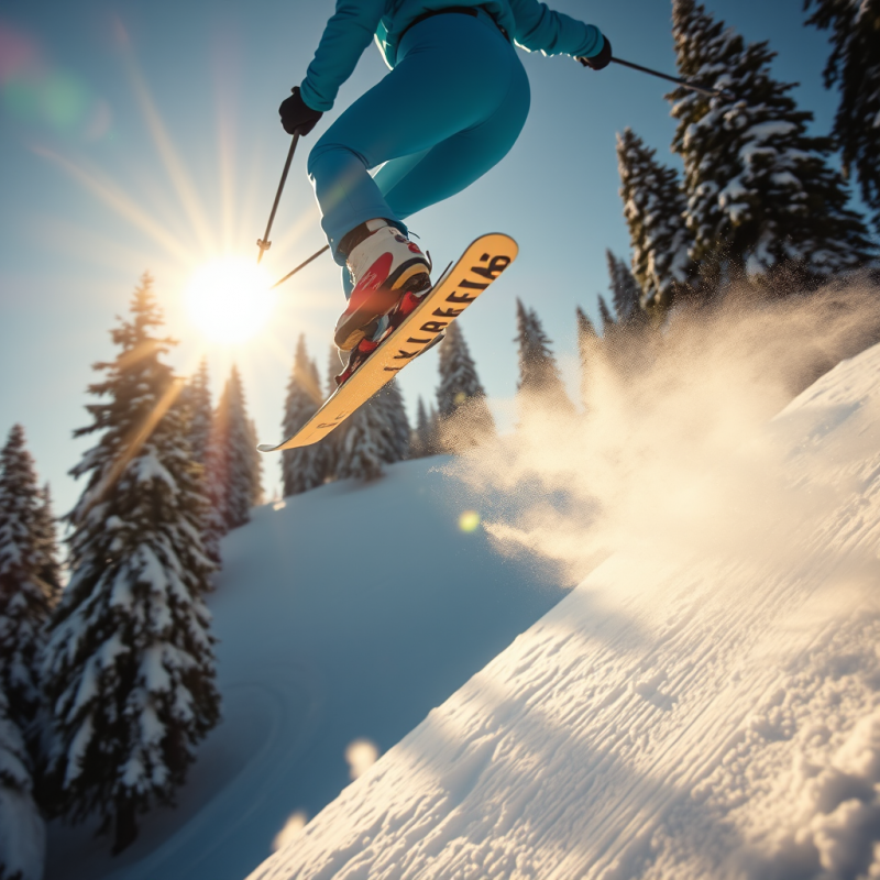 Skier Mid-air Against a Bright Sun, Kicking Up Snow