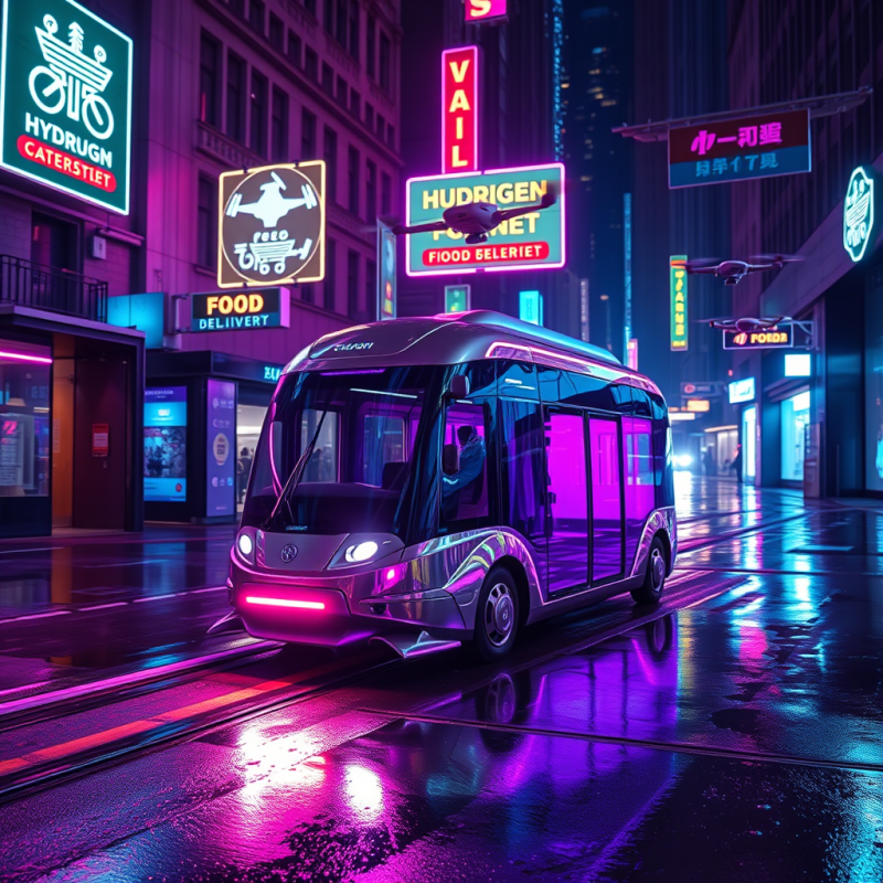 Sleek Autonomous Bus Glides Through a Rain-slicked,