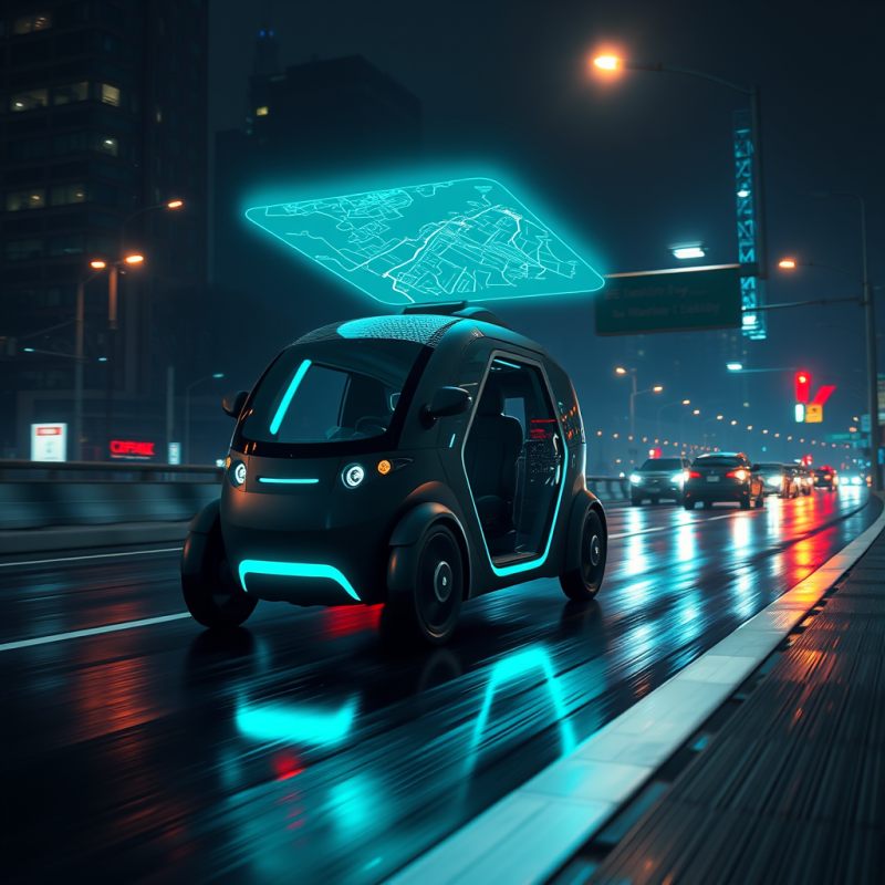 Sleek Autonomous Vehicle Glides Through a Rainy,