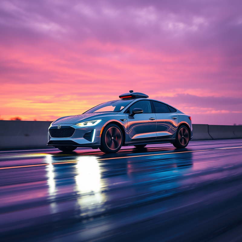 Sleek Autonomous Vehicle Speeds Along a Wet Highway