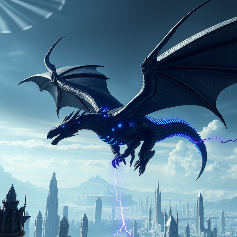 Sleek, Biomechanical Dragon with Glowing Blue