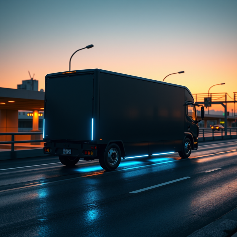 Sleek Black Delivery Truck Glides Along a Wet