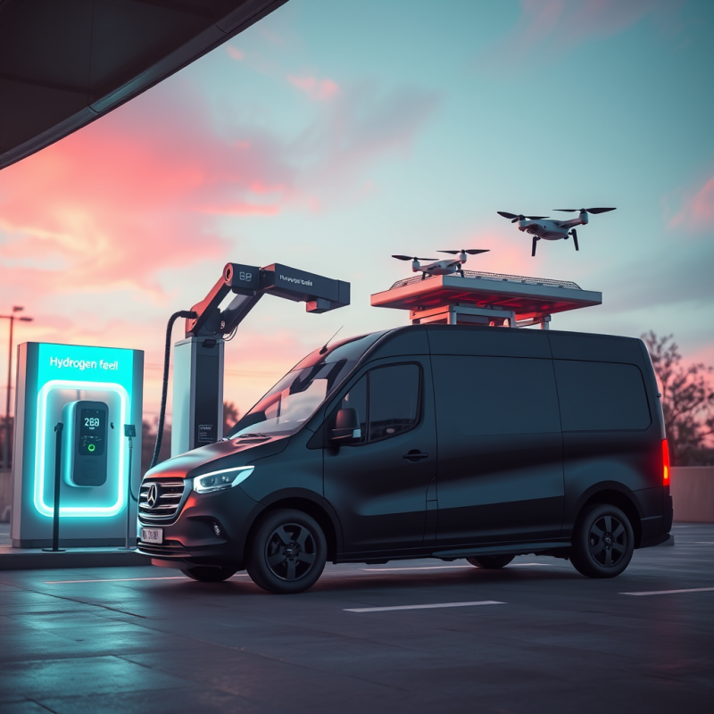 Sleek Black Hydrogen-powered Van Charges at a