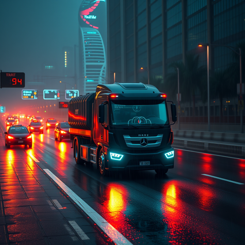Sleek Black Mercedes Truck Navigates a Wet, Neon-lit