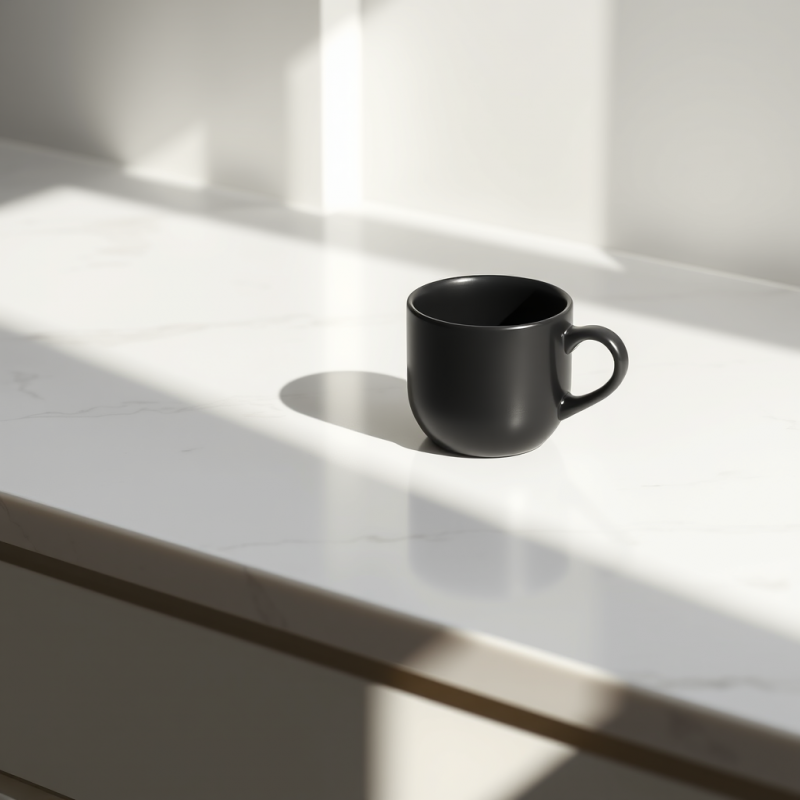 Sleek Black Mug Rests on a White Marble Countertop,