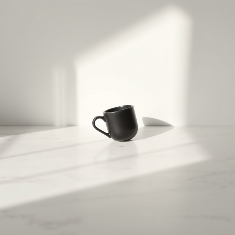 Sleek Black Mug Rests on a White Marble Surface,