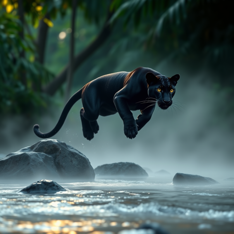 Sleek Black Panther with Glowing Yellow Eyes Leaps