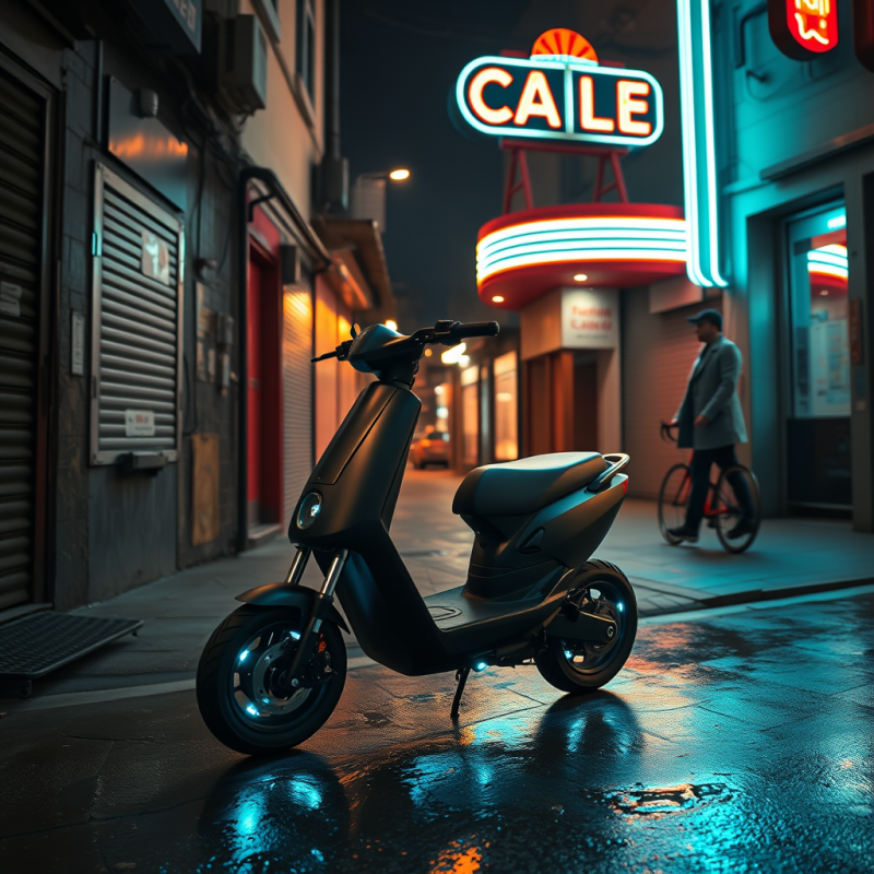 Sleek Black Scooter Parked on a Rain-slicked Urban