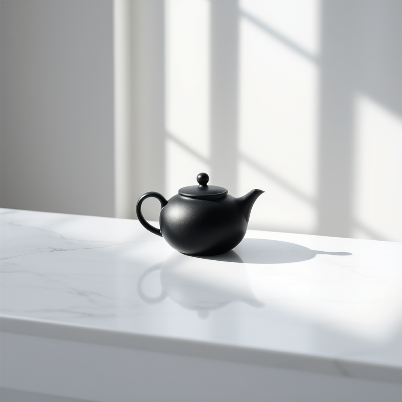 Sleek Black Teapot Rests on a White Marble