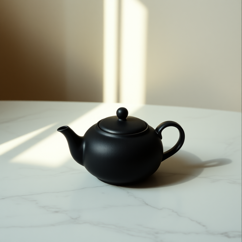 Sleek Black Teapot Rests on a White Marble Surface,