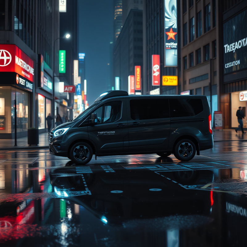 Sleek Black Van Glides Through a Futuristic City at