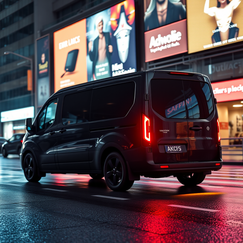 Sleek Black Van Glides Through a Rain-slicked Urban