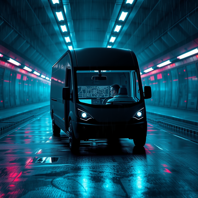 Sleek Black Van Navigates a Rain-slicked Futuristic