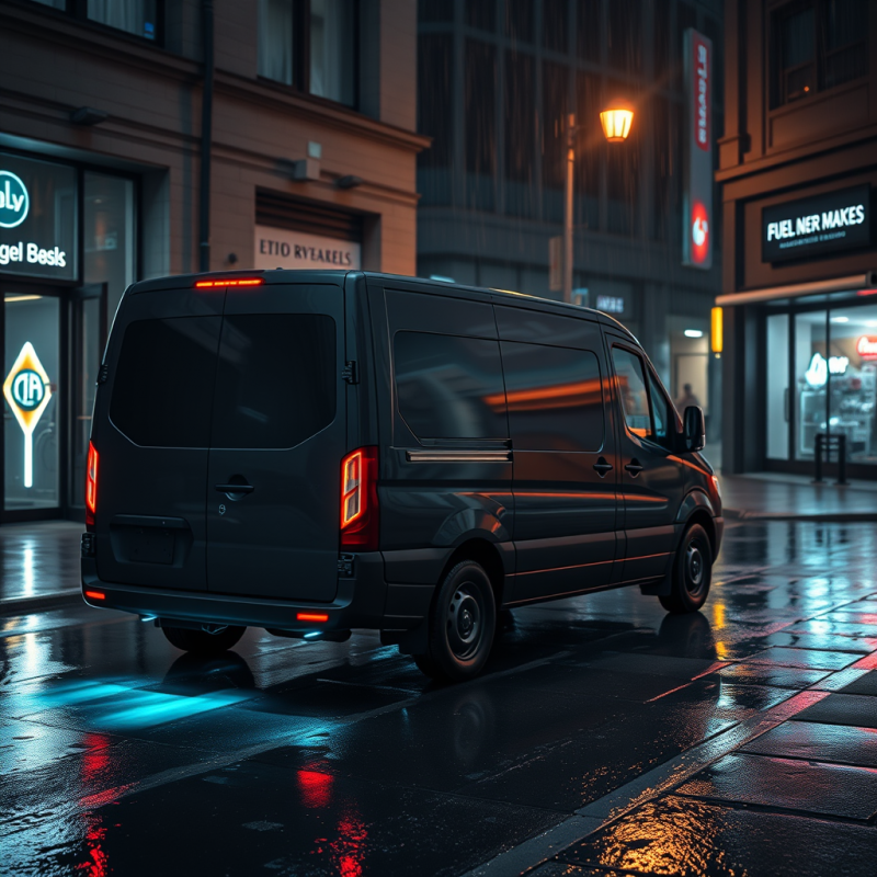 Sleek Black Van Parked on a Wet Urban Street at