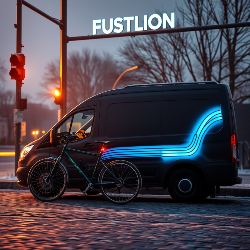 Sleek Black Van with Glowing Blue Neon Stripes Is