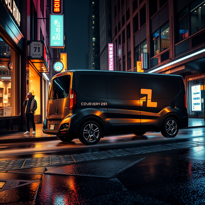 Sleek Black Van with Glowing Orange Branding Is