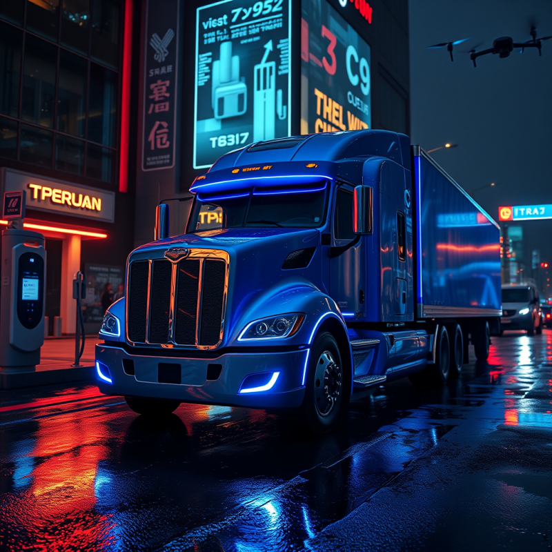 Sleek Blue Semi-truck Glows Under Vibrant Neon
