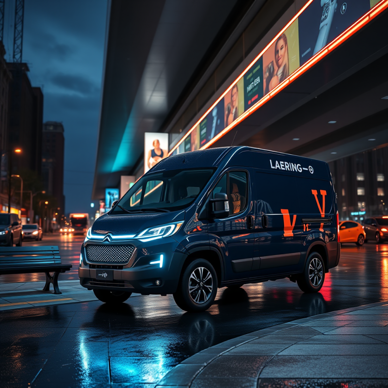 Sleek Dark Blue Van with Glowing Neon Accents Parked