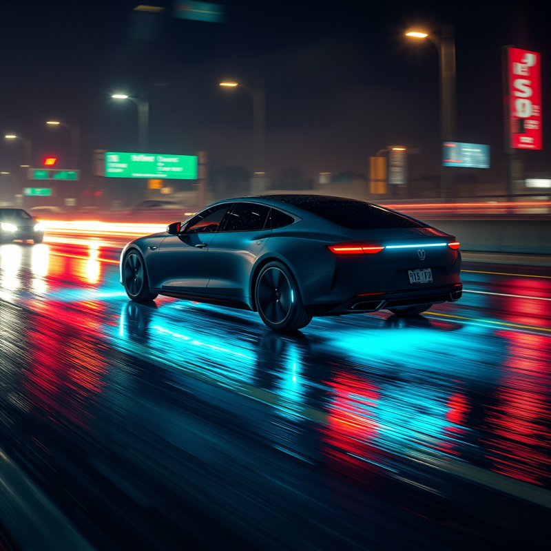 Sleek, Dark Futuristic Sedan Races Through a Rainy
